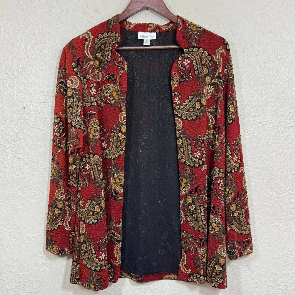 Vtg 90s Open Front Tunic Jacket Md USA Made Crepe‎ Tapestry Old Money Artsy Boho